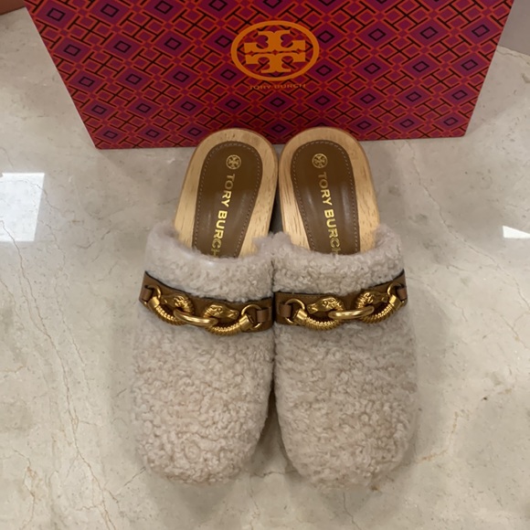 TORY BURCH JESSA SHEARLING CLOG COLOR BUTTERMILK AND ROYAL TAN MADE IN BRAZIL 8 - Picture 9 of 15
